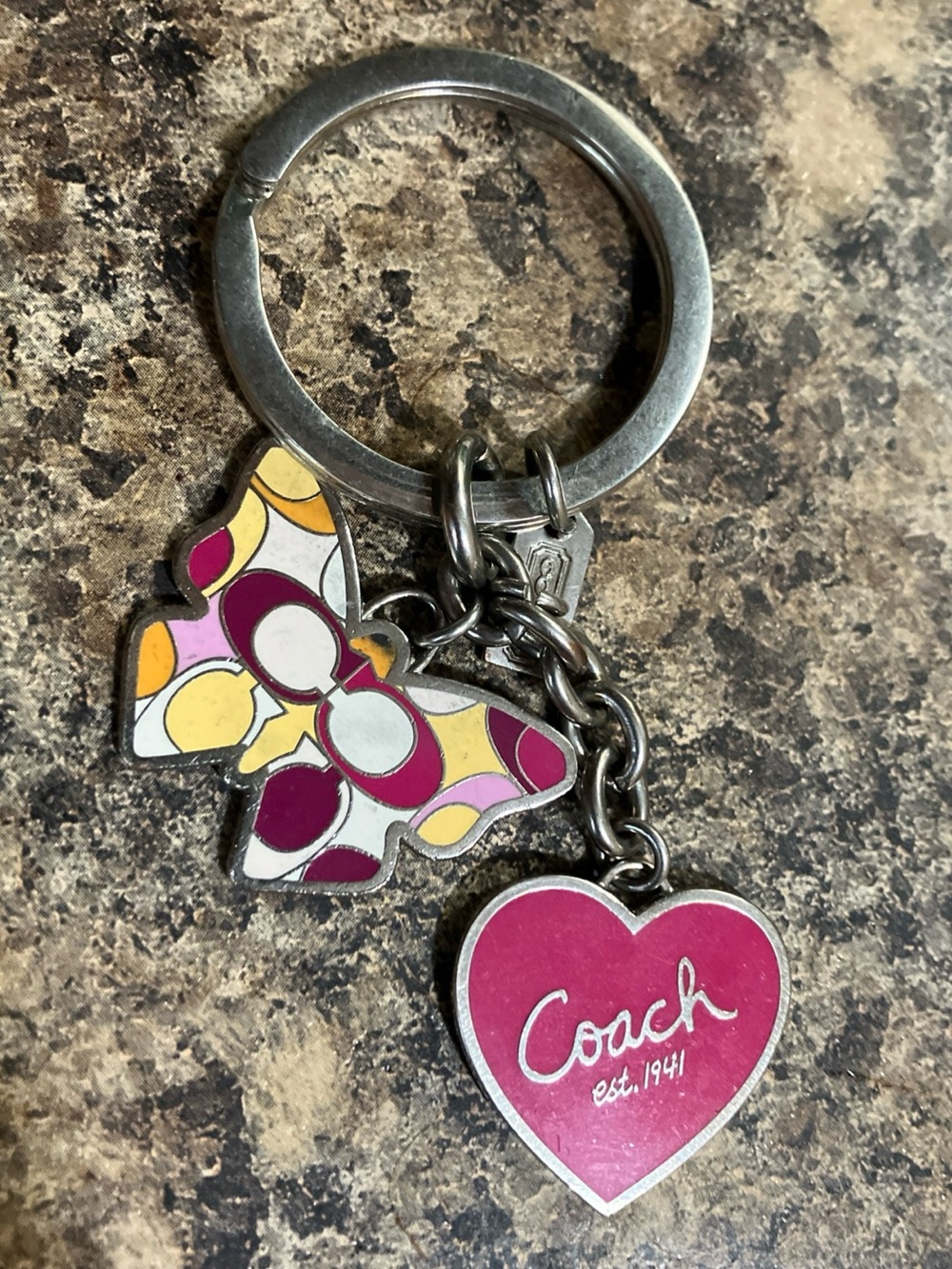 Coach Pink Heart & Multicolor Signature Charm Key Ring